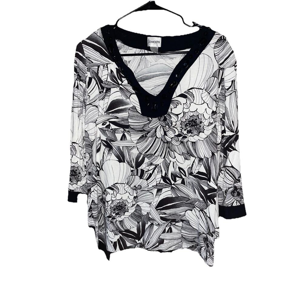Women’s Chico’s Floral Tunic Top With Gem Embellishment And Scoop Collar Sz M 12